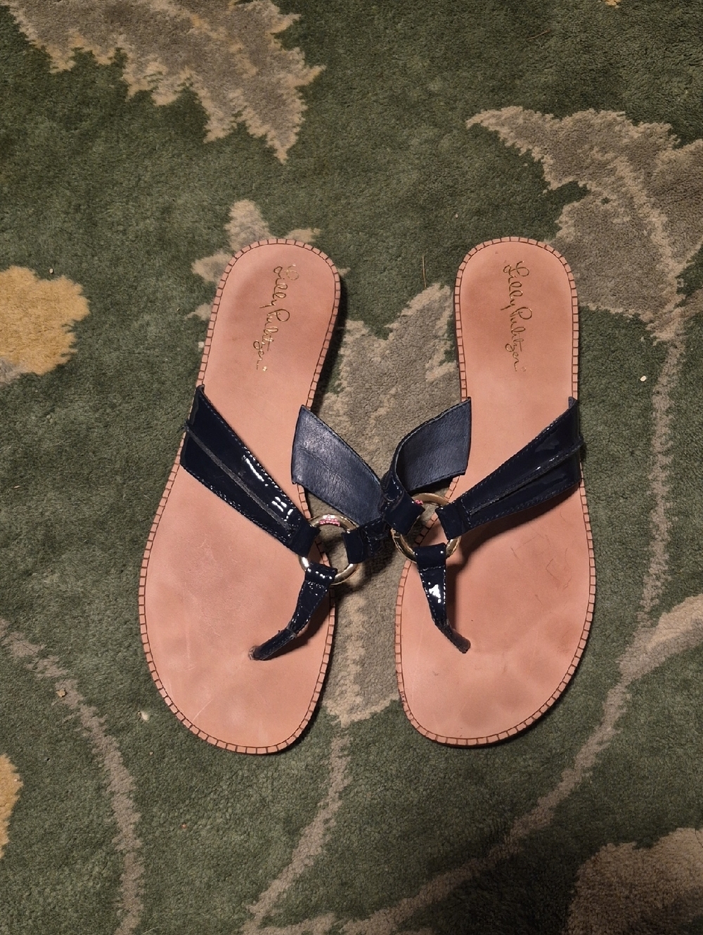 Lilly Pulitzer Navy Patent Thong Sandals with Gold Ring